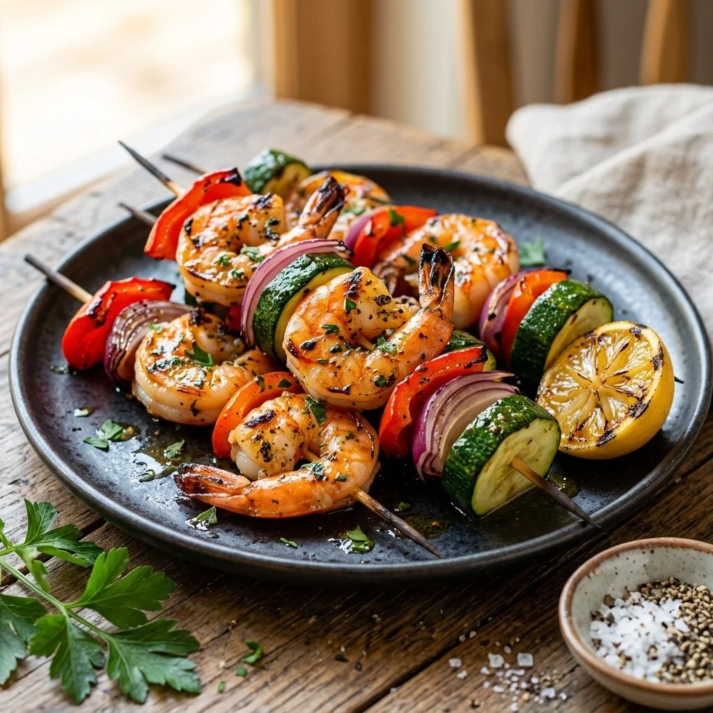 Delicious grilled shrimp skewers ready to serve on a platter