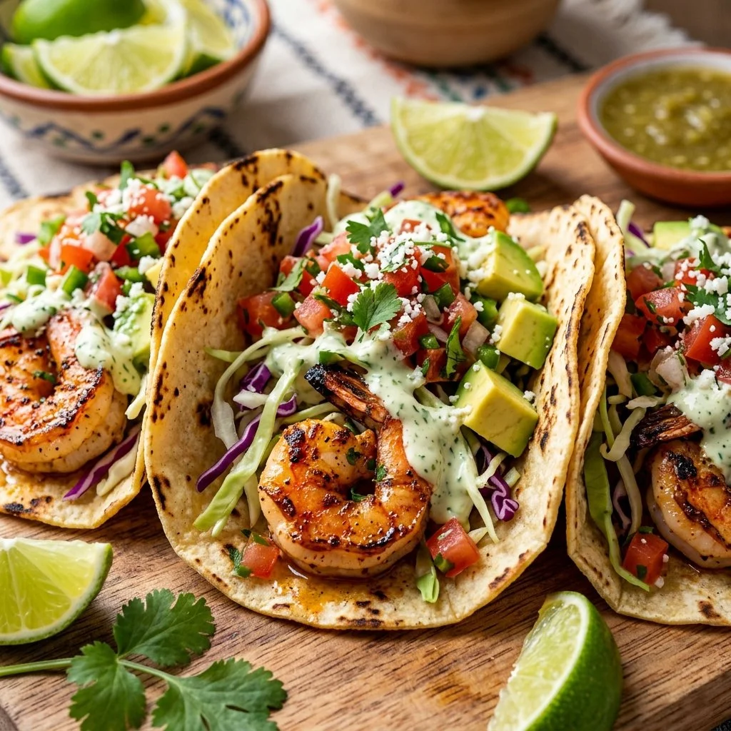A delicious plate of grilled shrimp tacos garnished with fresh ingredients