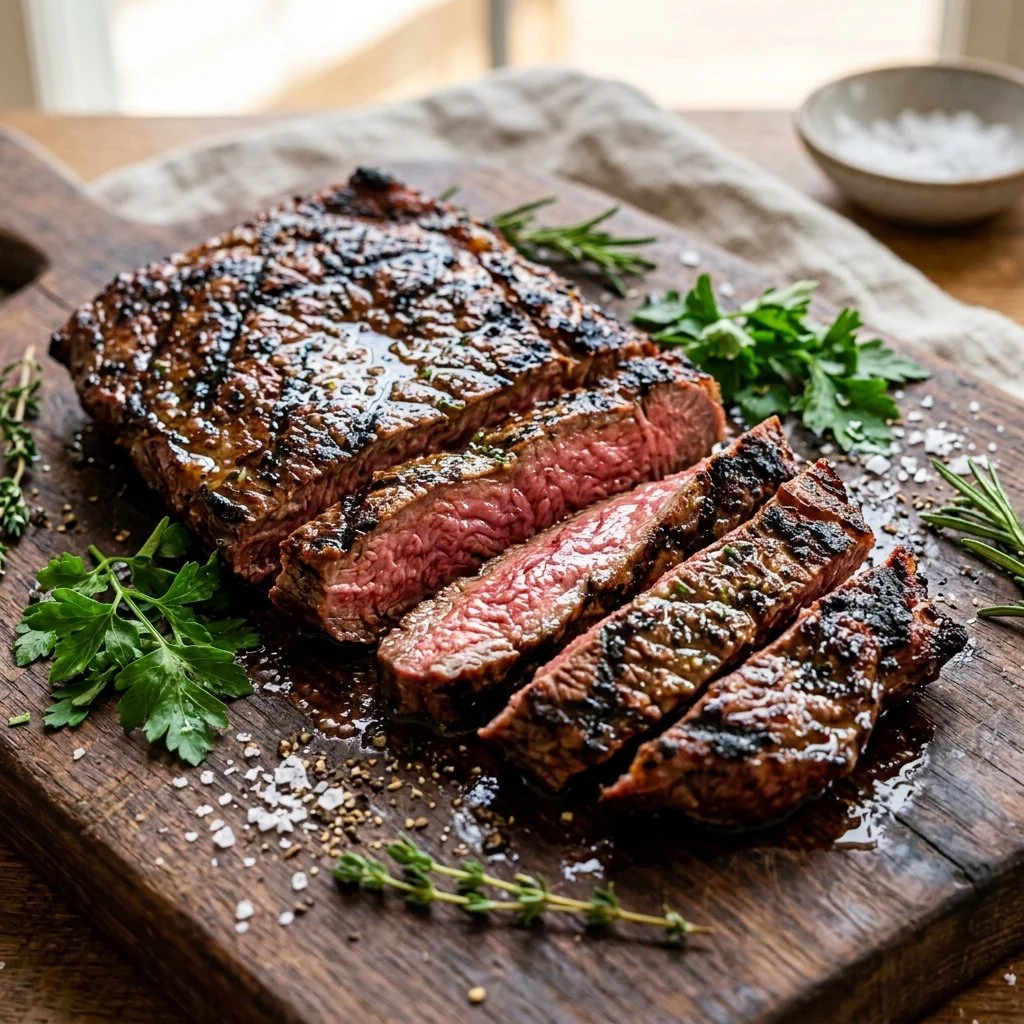 Delicious grilled skirt steak served on a plate with fresh herbs