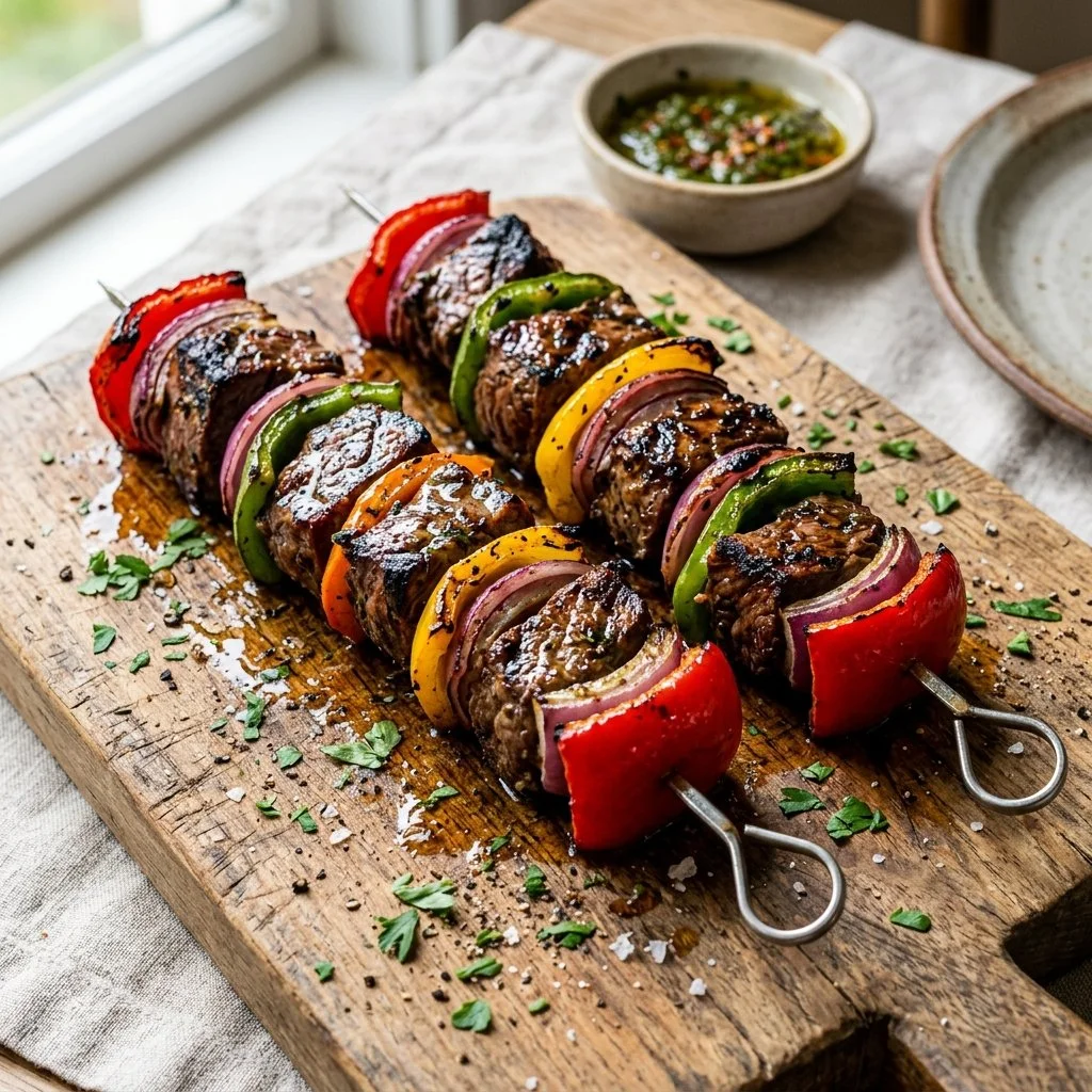 Delicious grilled steak kabobs on skewers with colorful vegetables