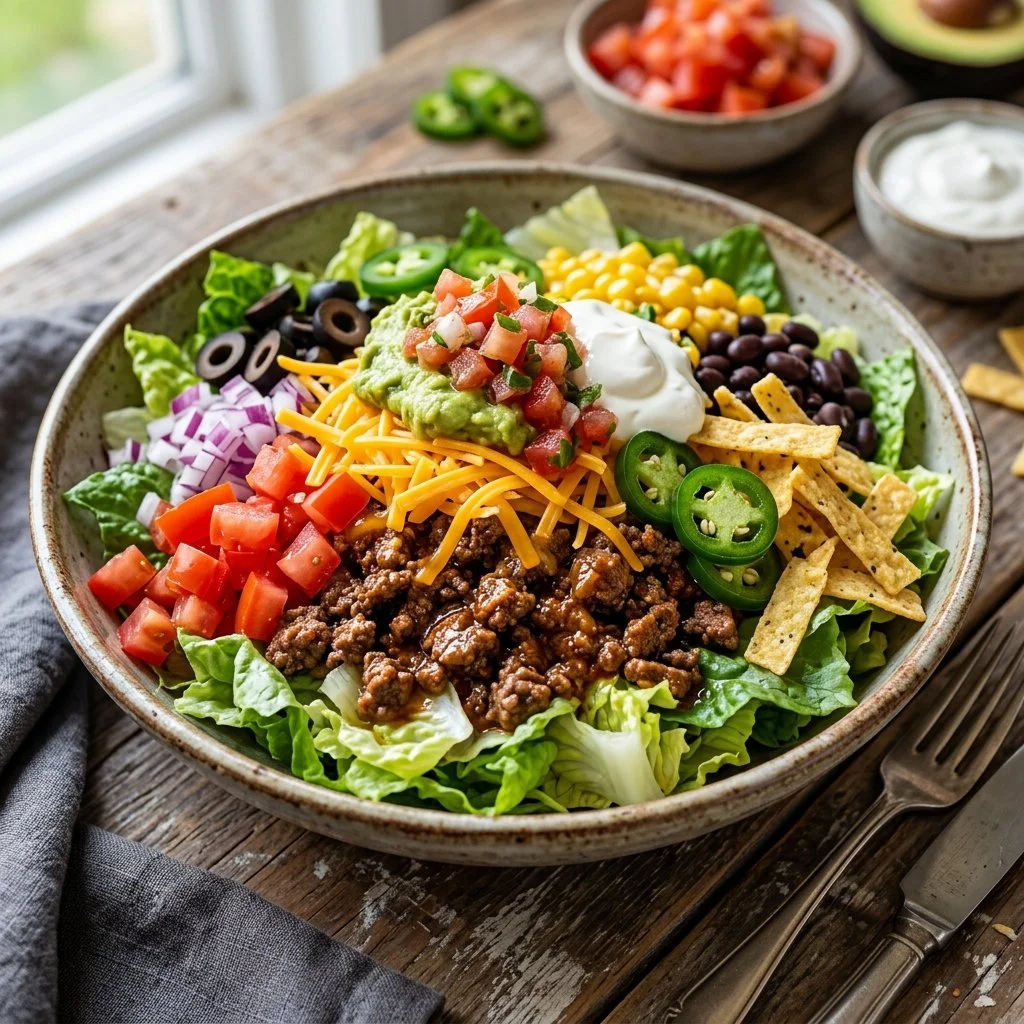 Ground beef taco salad with fresh veggies and toppings served in a bowl
