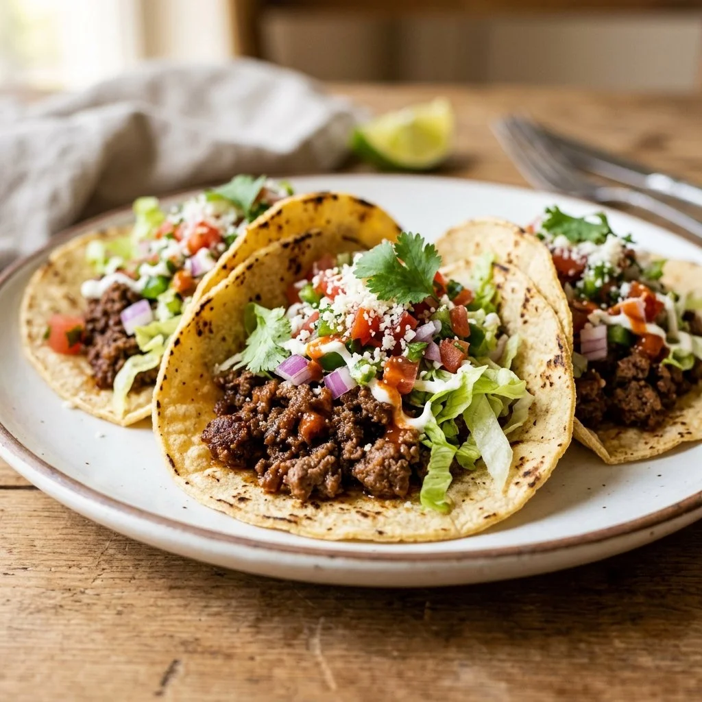 Delicious ground beef tacos served on a plate with fresh toppings