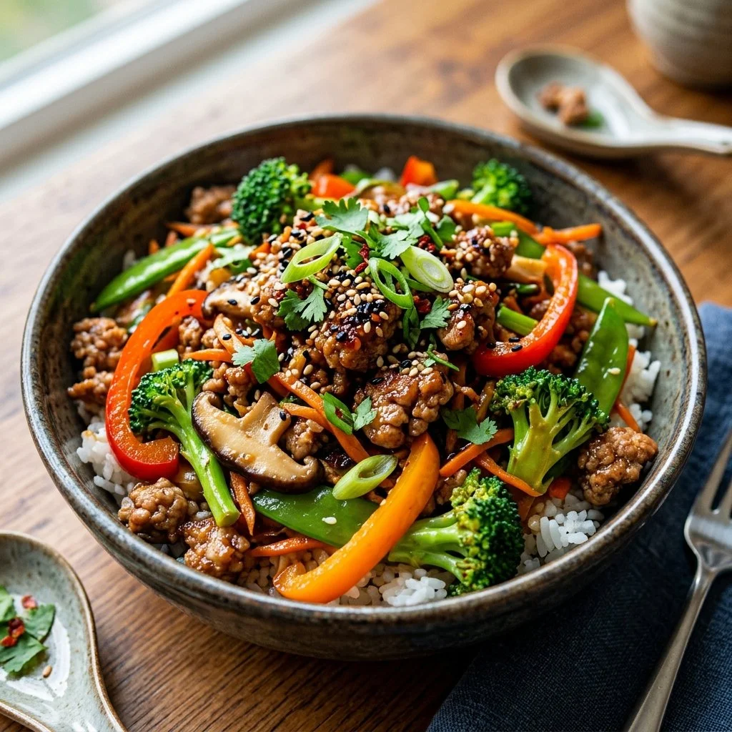 Colorful ground turkey stir fry with vegetables in a skillet