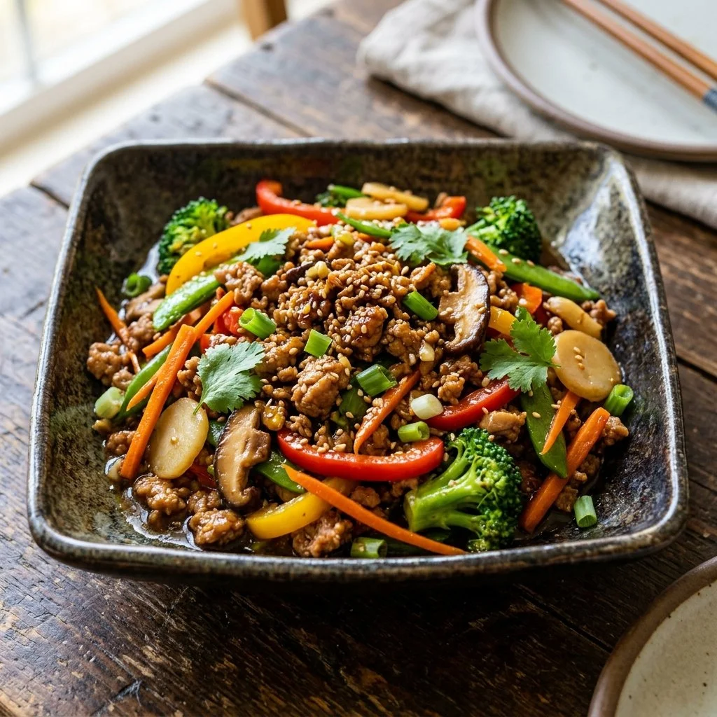 Delicious Ground Turkey Stir Fry with colorful vegetables in a skillet