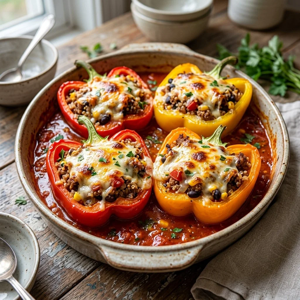 Healthy ground turkey stuffed peppers served on a plate