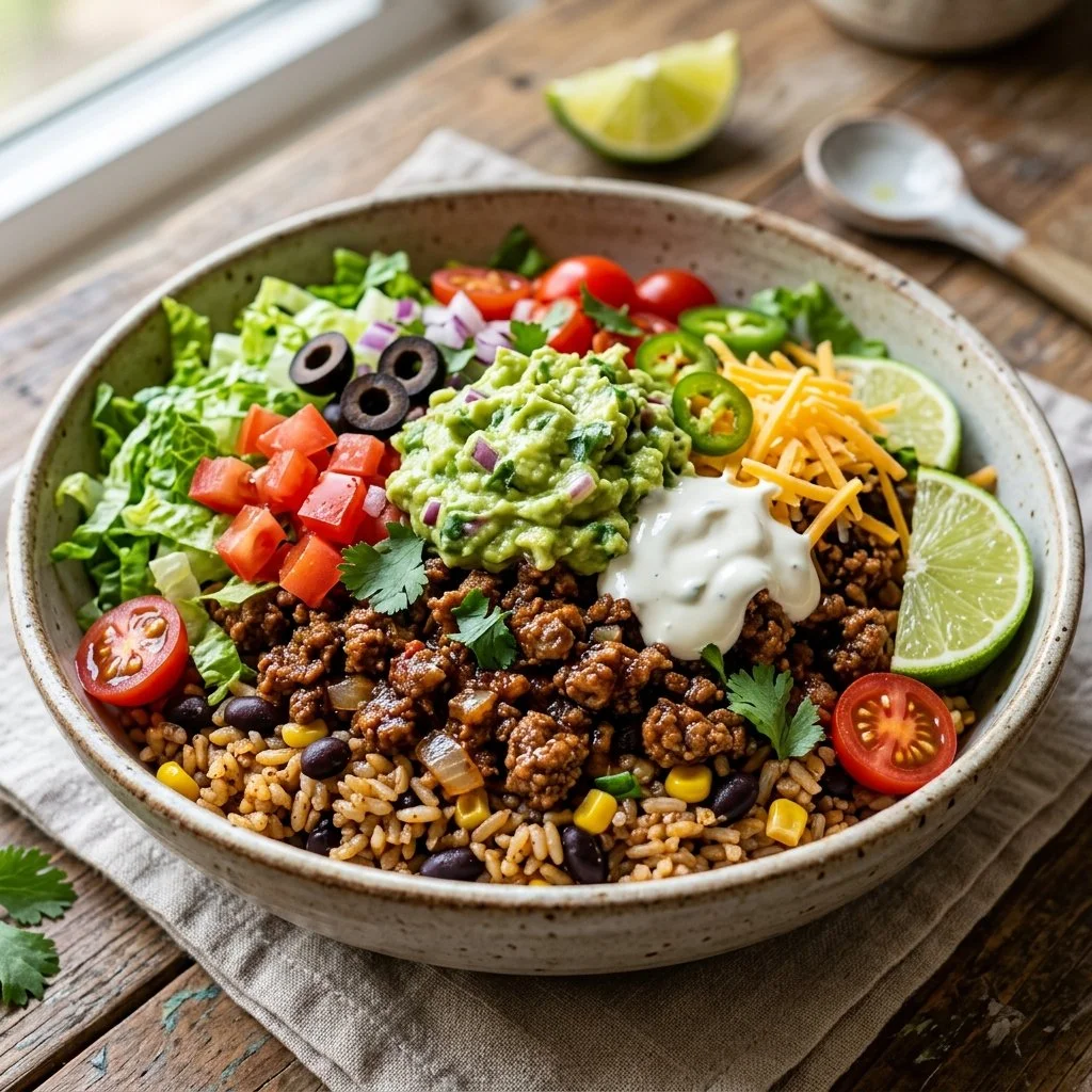 Ground turkey taco bowls topped with fresh vegetables and salsa.