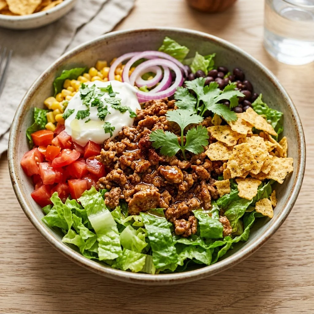 Ground turkey taco salad with fresh vegetables and toppings
