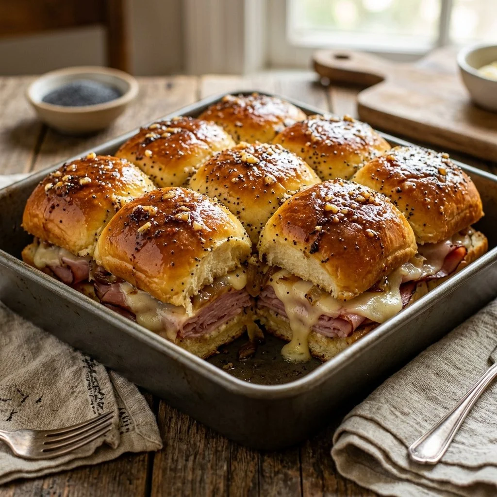 Hawaiian Roll Sliders with pulled pork and melted cheese, served on a platter.