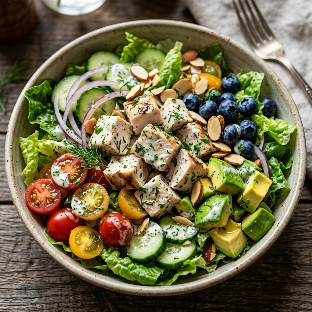 Healthy chicken salad made with fresh ingredients and a light dressing
