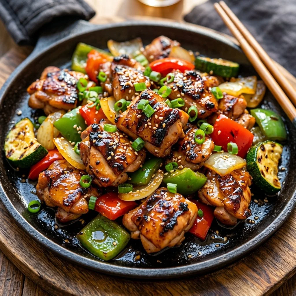 Delicious Hibachi Chicken served with vegetables and rice on a grill plate.