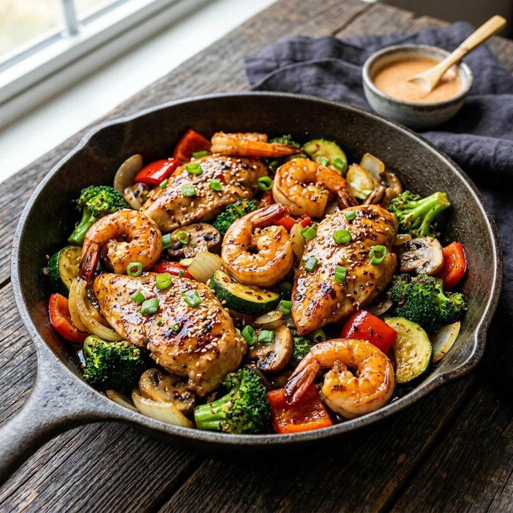 Hibachi Chicken and Shrimp dish served with vegetables on a grill