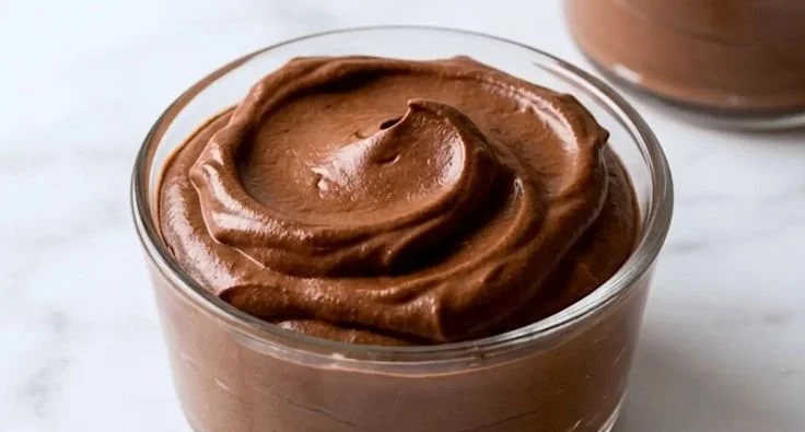 High-protein chocolate mousse dessert served in a glass.