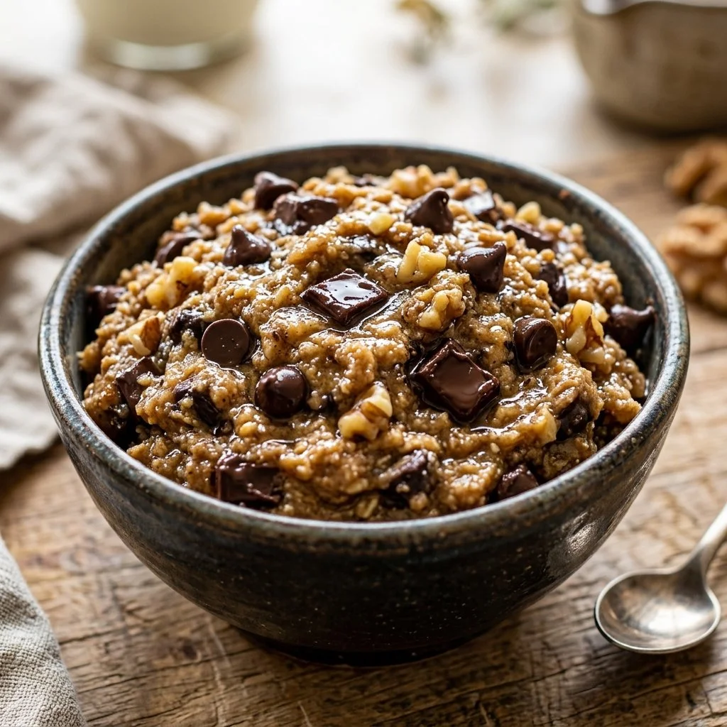 High protein cookie dough in a bowl with chocolate chips.