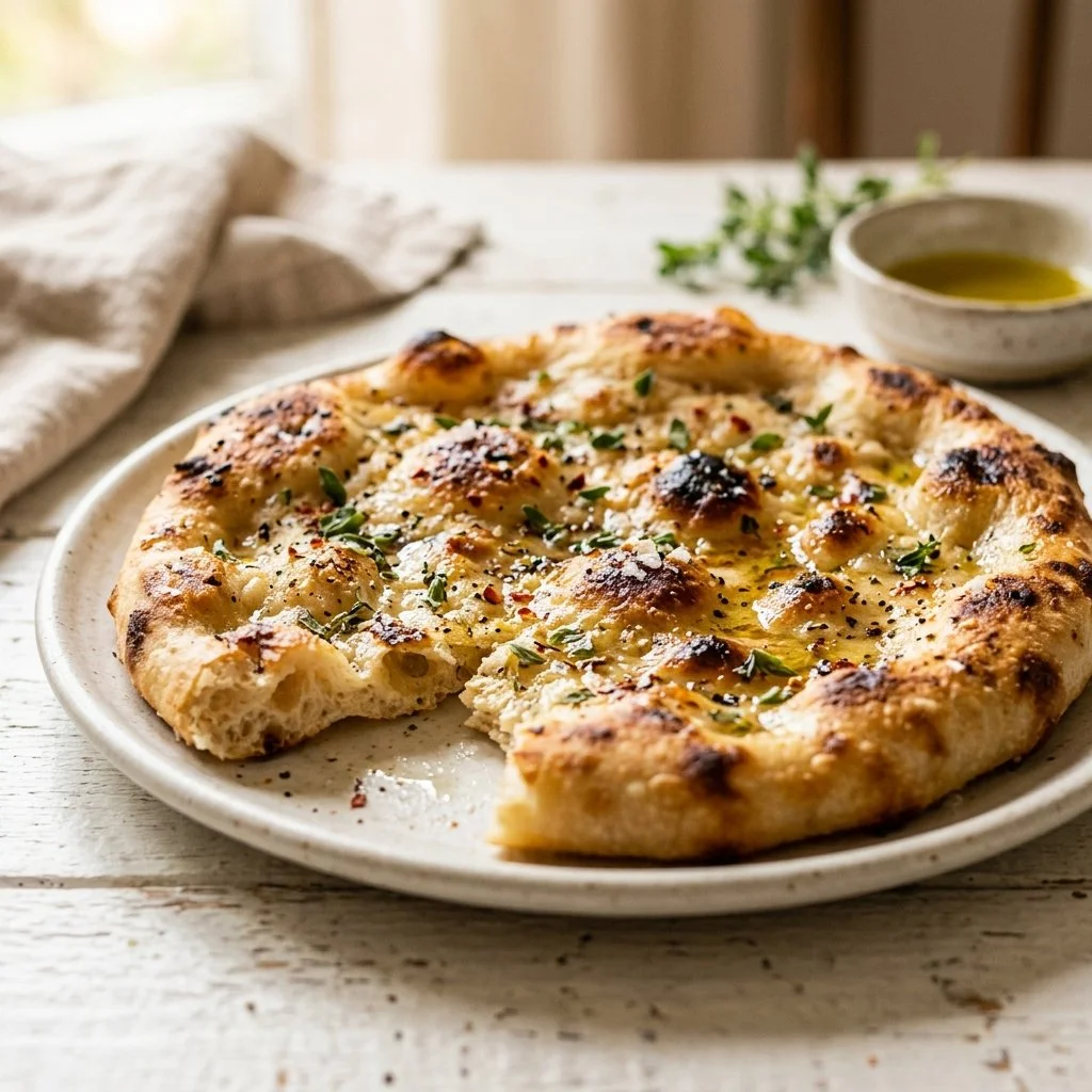 Freshly baked homemade flatbread served with dips and toppings