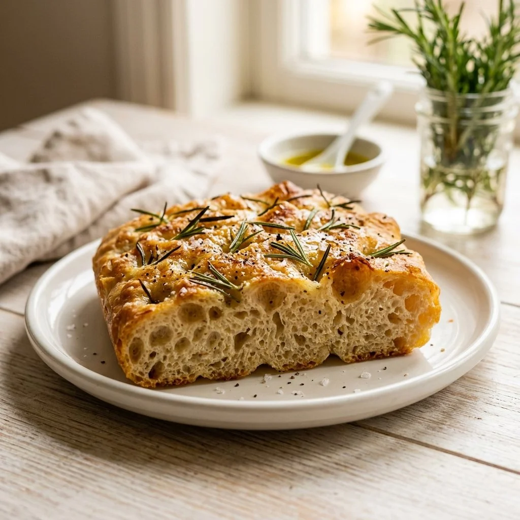 Homemade focaccia bread topped with rosemary and sea salt.