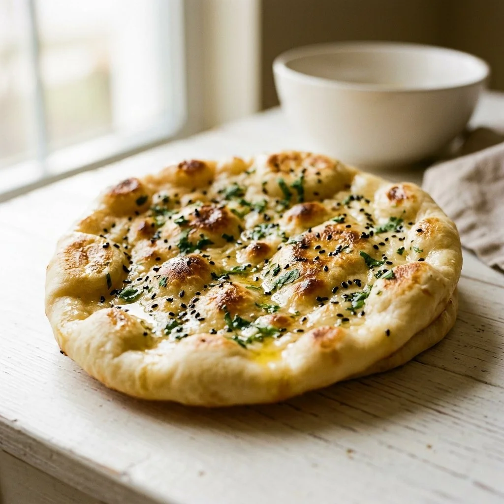 Freshly baked homemade Naan bread on a wooden table