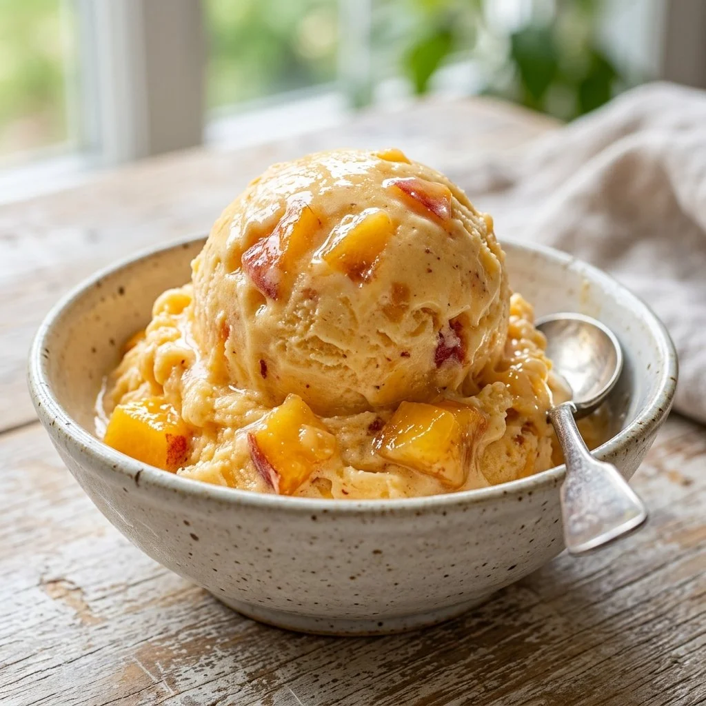 Homemade peach ice cream in a bowl with fresh peaches and mint leaves