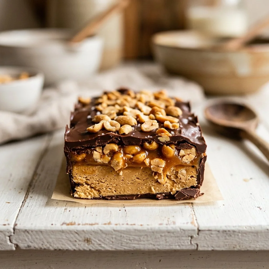 Delicious homemade Snickers Bars with chocolate and caramel