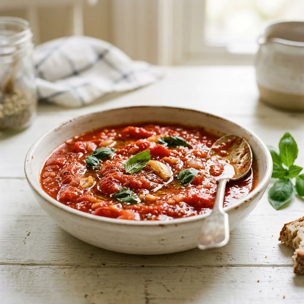 A pot of simmering homemade tomato sauce with fresh ingredients