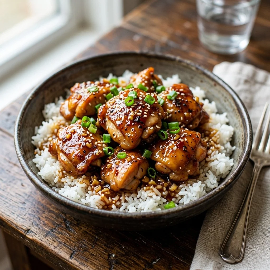 Delicious Honey Garlic Chicken served on a plate with garnishes.