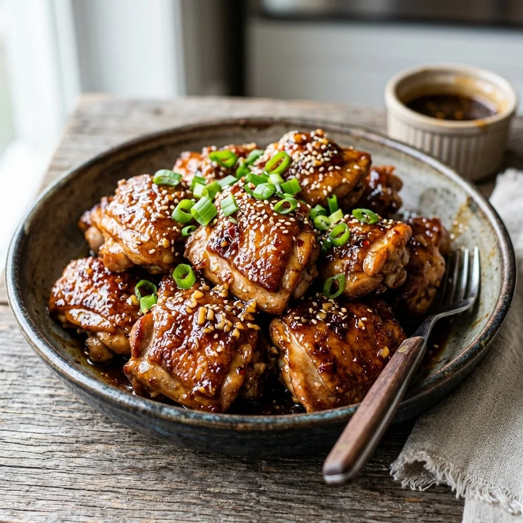 Delicious Honey Garlic Chicken garnished with green onions served on a plate.