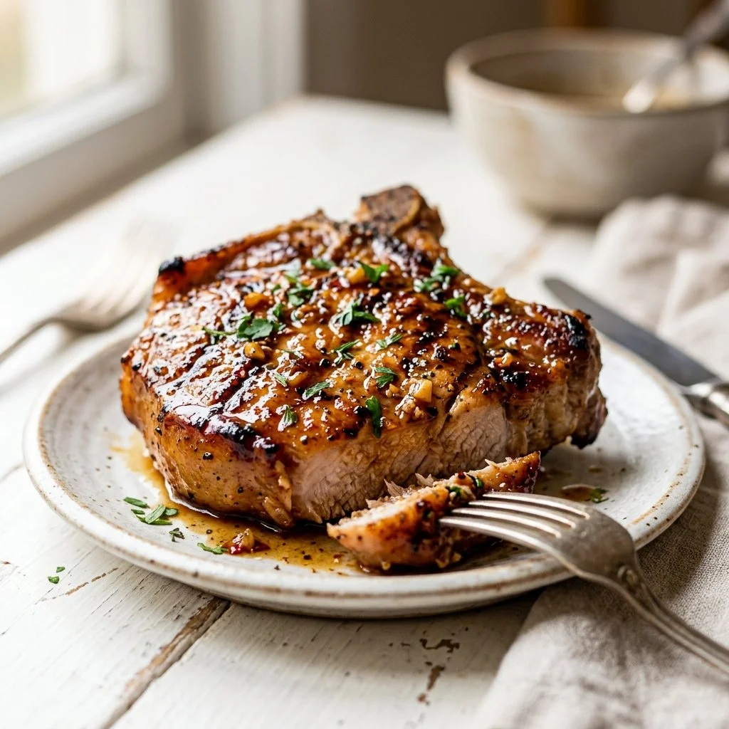 Honey Garlic Pork Chops served with vegetables on a plate
