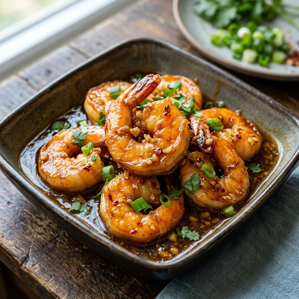 Delicious Honey Garlic Shrimp served on a plate with garnishments
