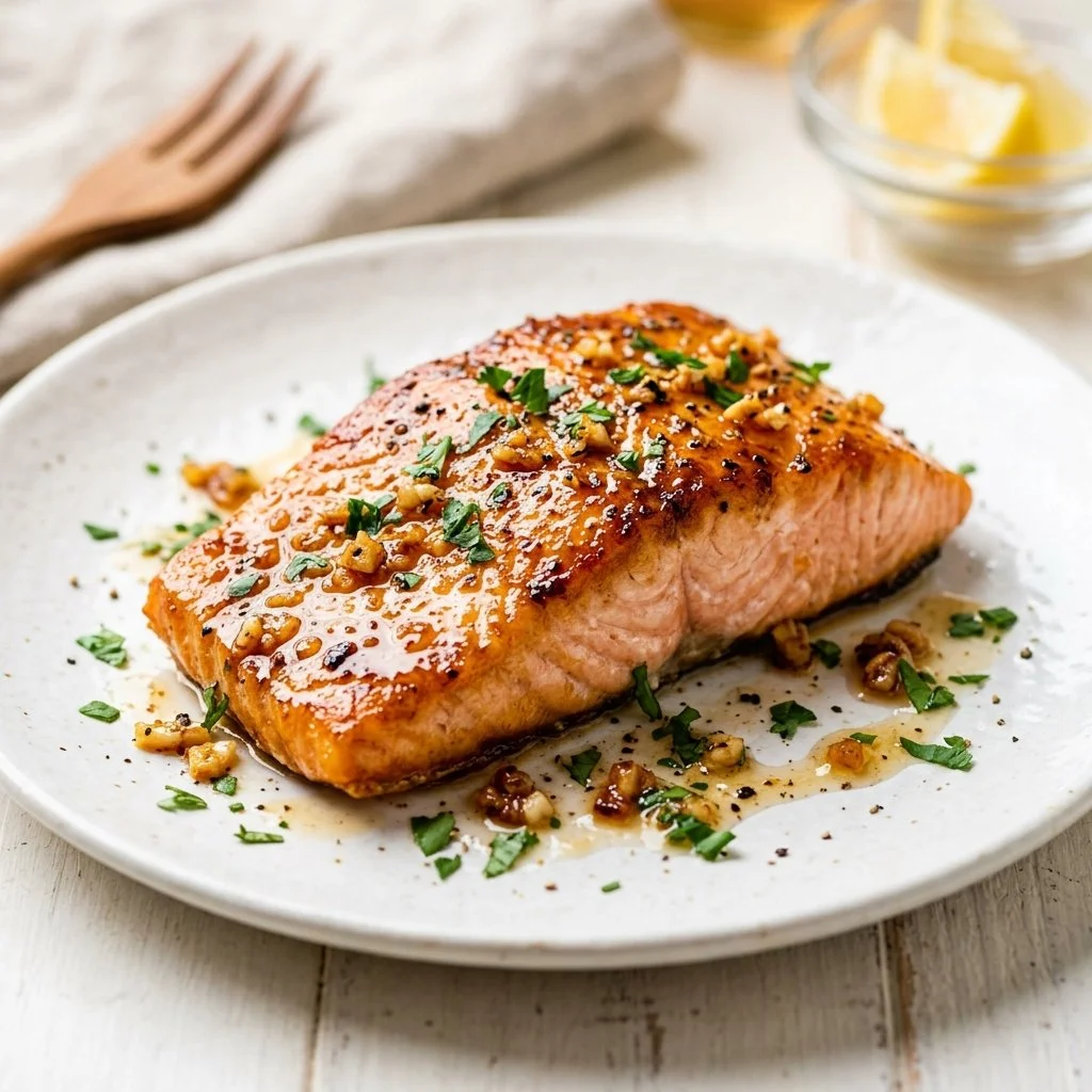 Delicious honey-glazed garlic salmon garnished with herbs