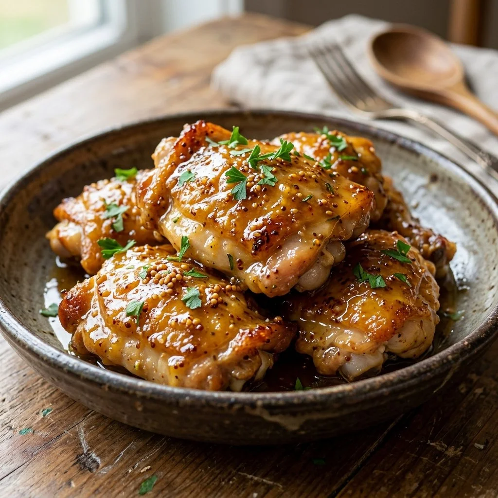 Juicy Honey Mustard Chicken garnished with herbs on a plate