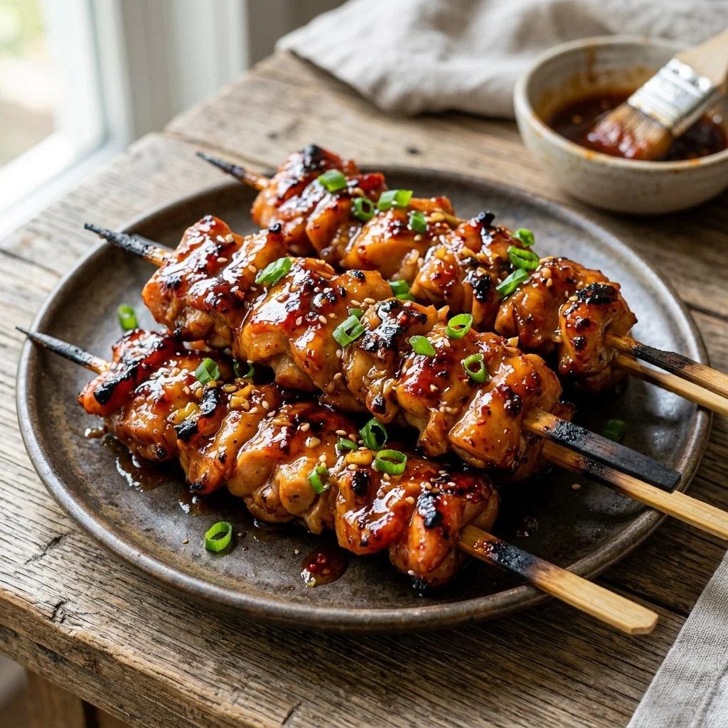 Honey Sriracha Chicken Skewers with vibrant colors and garnishes