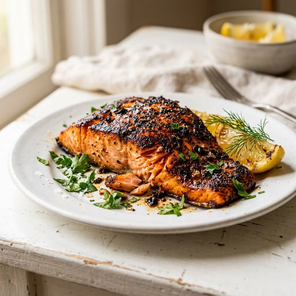 Delicious blackened salmon fillet seasoned and cooked to perfection