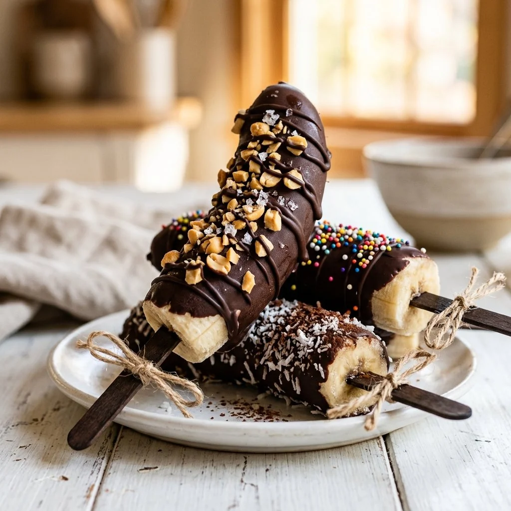Delicious chocolate covered bananas ready to serve and enjoy