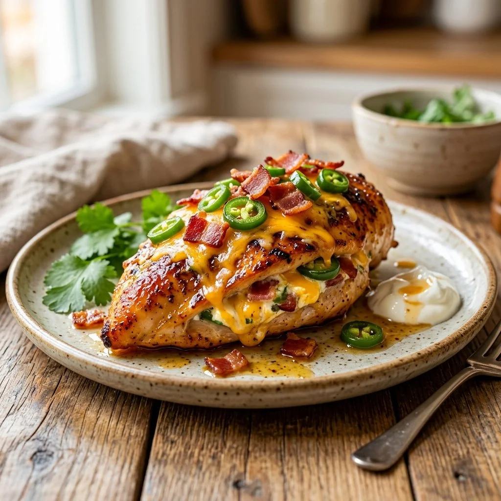 Delicious Jalapeno Popper Chicken with spicy jalapenos and creamy cheese topping