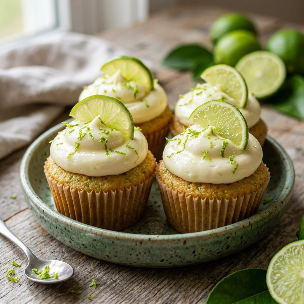 Delicious key lime cupcakes topped with creamy frosting and lime zest.