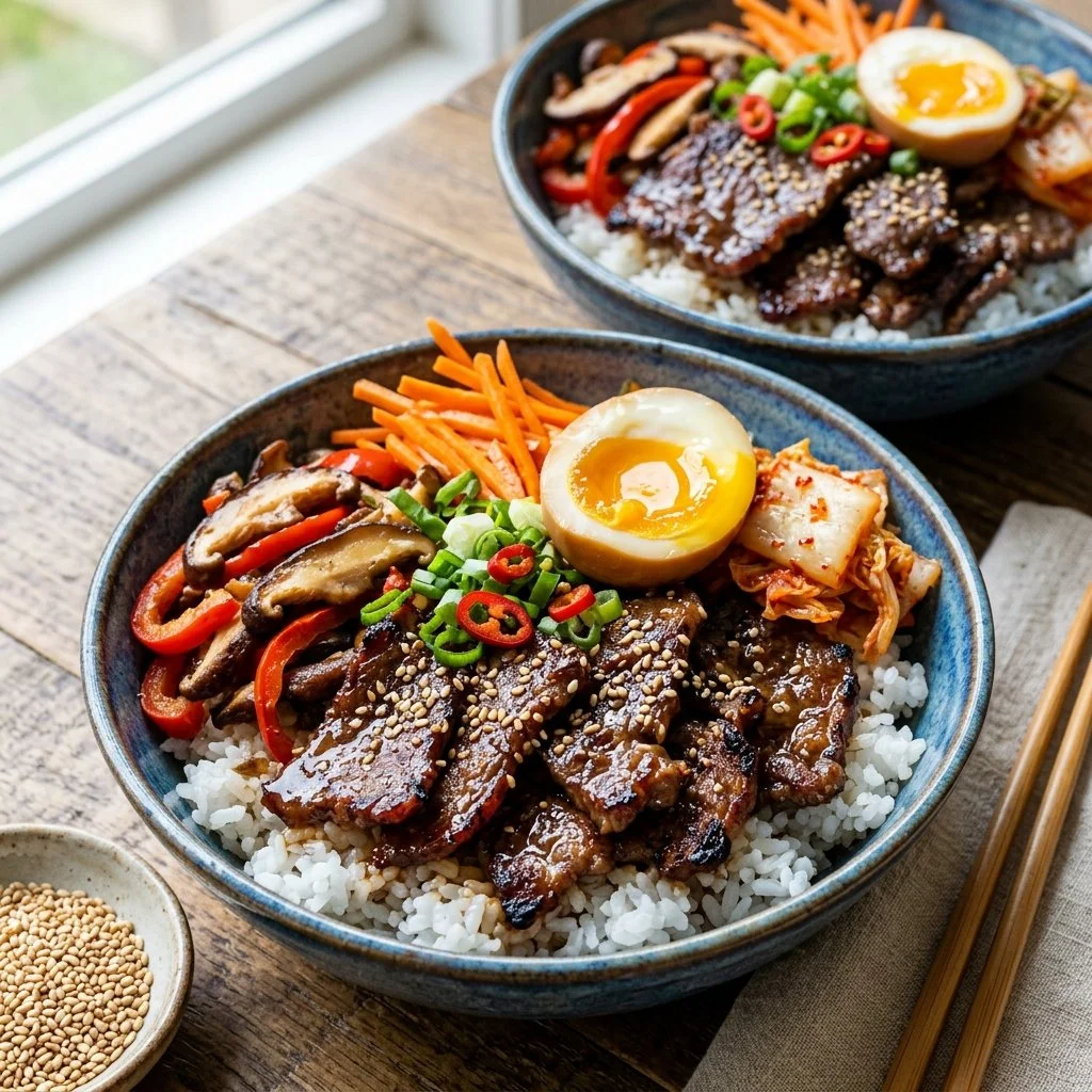 Delicious Korean beef bowls served with rice and vegetables