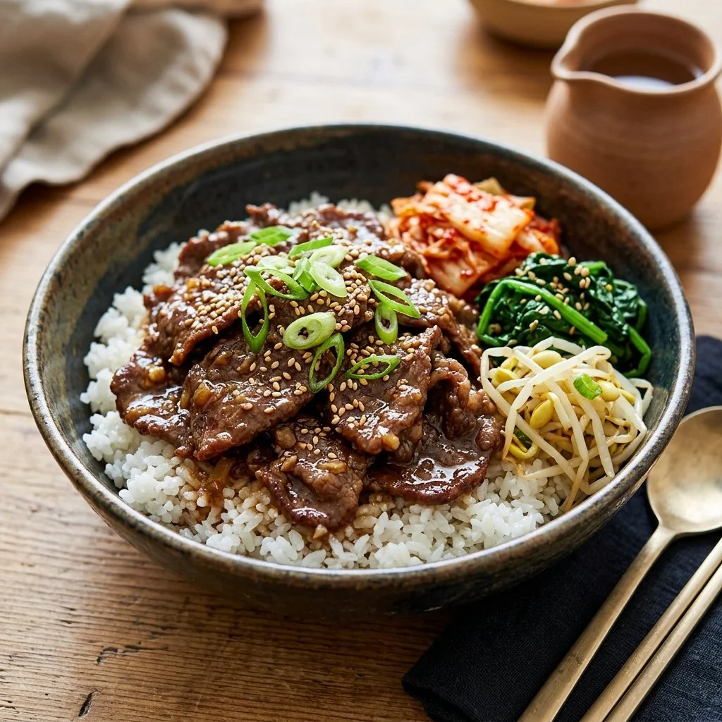 Delicious Korean beef bowls garnished with green onions and sesame seeds