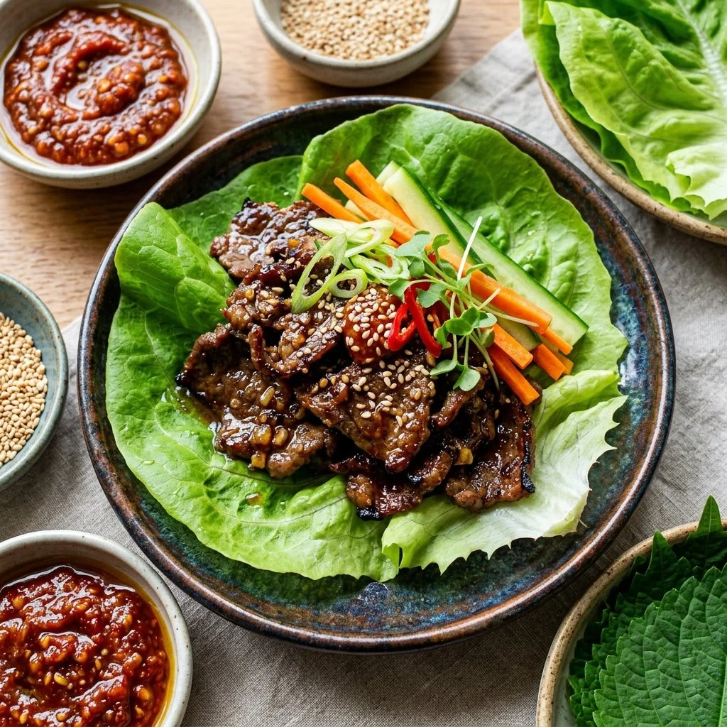 Delicious Korean beef lettuce wraps topped with fresh vegetables