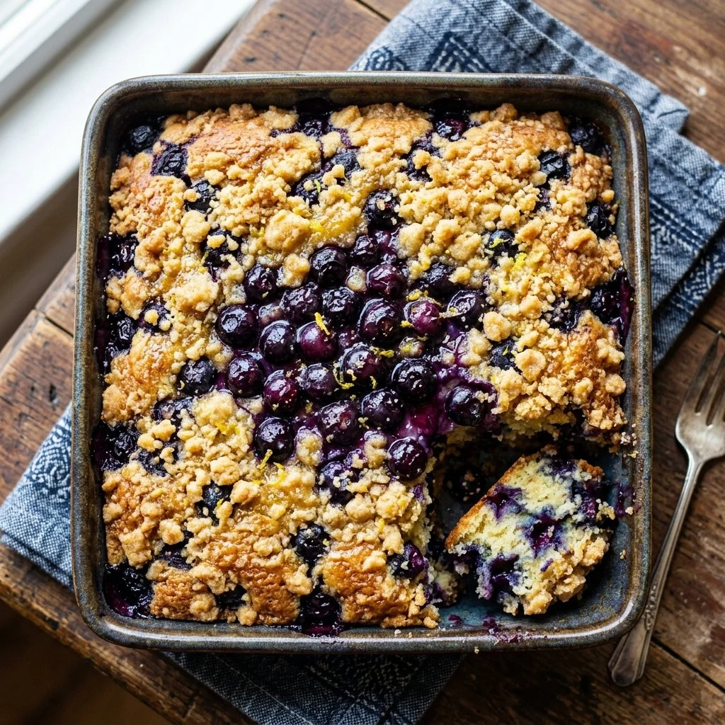 Delicious Lemon Blueberry Buckle dessert with a crunchy topping and fresh blueberries