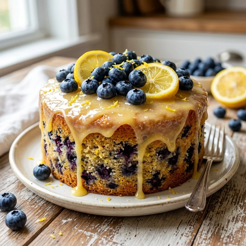 Delicious homemade Lemon Blueberry Cake with fresh blueberries and lemon zest