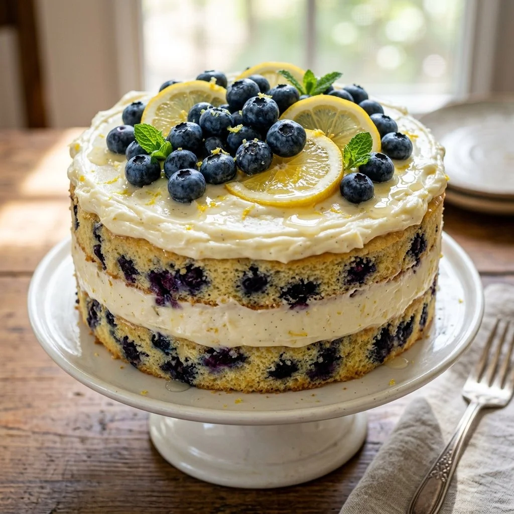 Delicious lemon blueberry layer cake with fresh blueberries and lemon frosting.