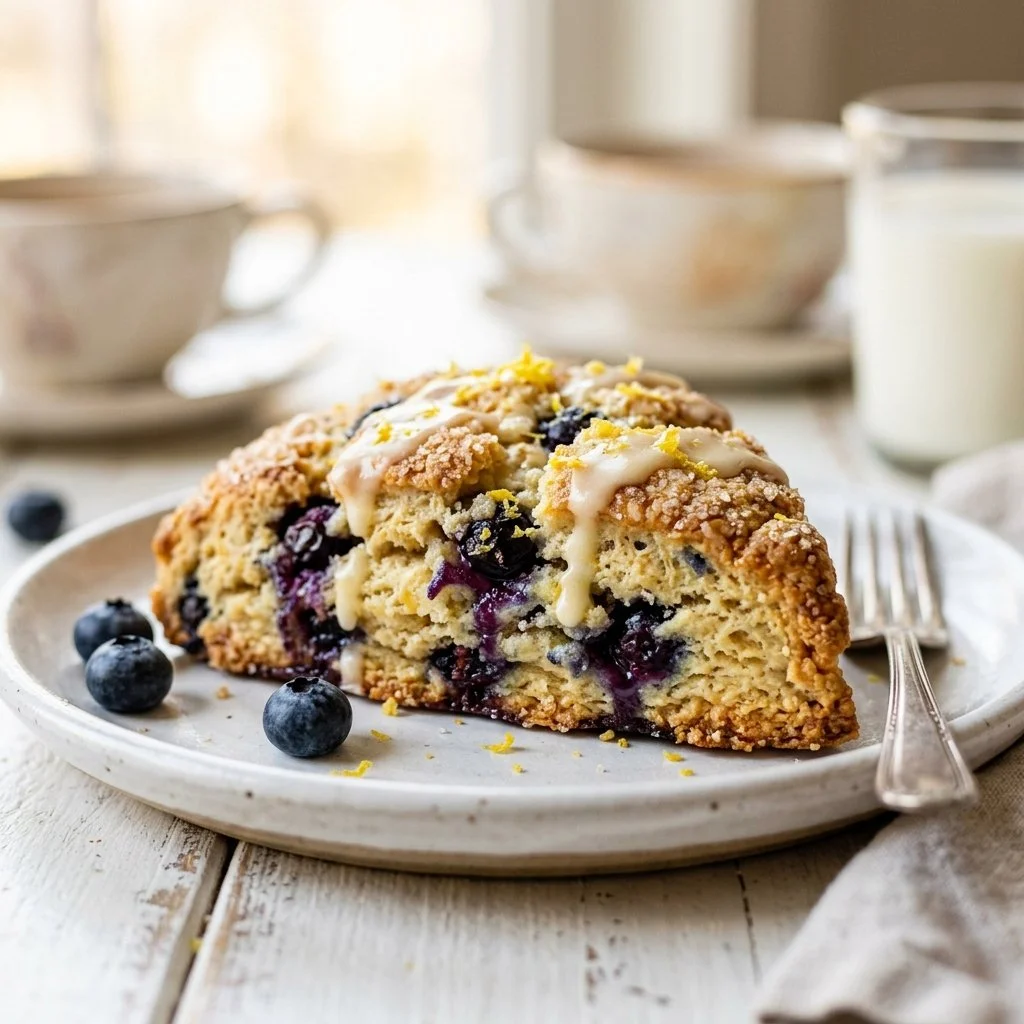 Freshly baked lemon blueberry scones on a rustic table