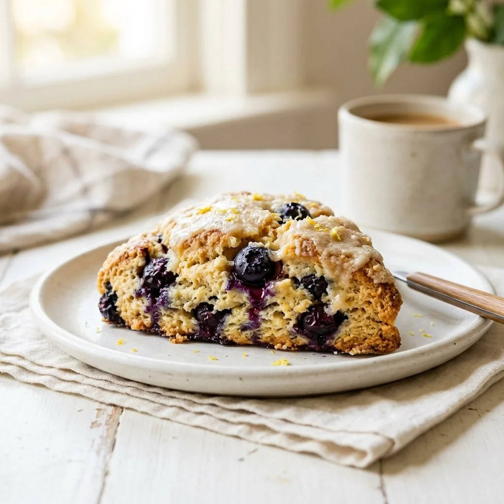 Freshly baked lemon blueberry scones on a plate
