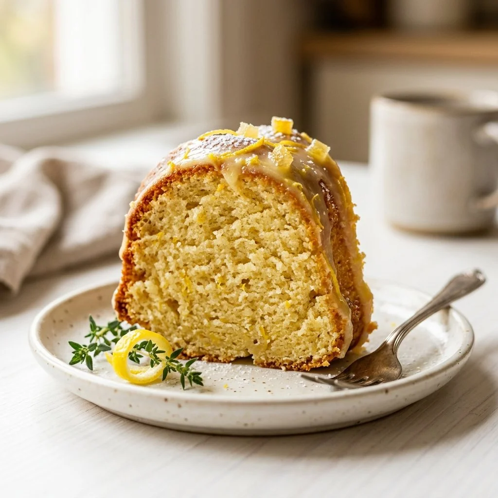 Delicious homemade Lemon Bundt Cake on a white plate, garnished with lemon zest.