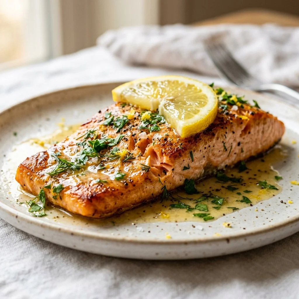 Plate of Lemon Butter Salmon garnished with herbs and lemon slices