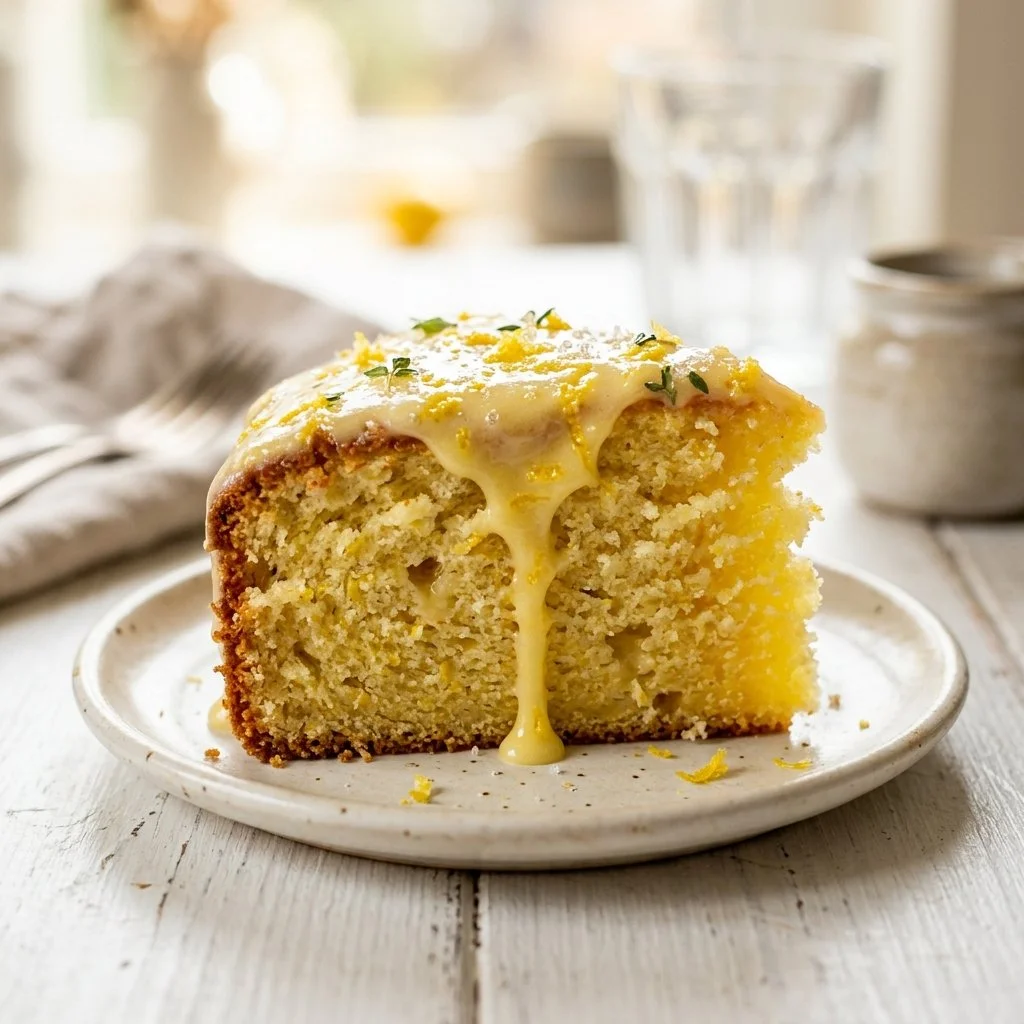 Moist lemon cake topped with lemon glaze and garnished with lemon slices.
