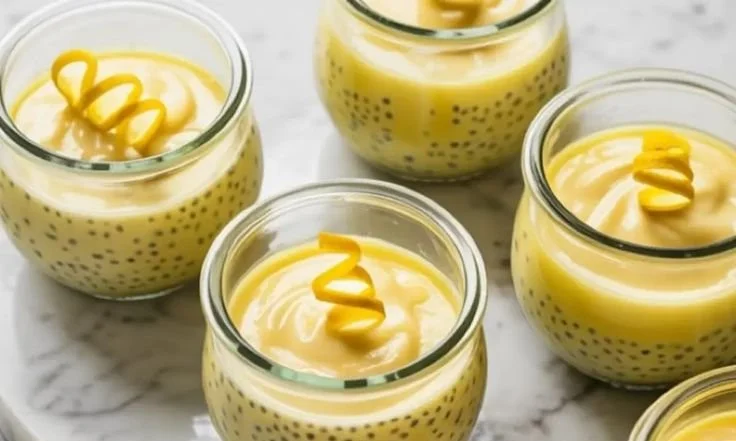 Bowl of lemon chia pudding topped with fresh lemon slices and mint leaves