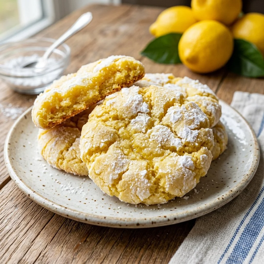 Plate of lemon crinkle cookies dusted with powdered sugar
