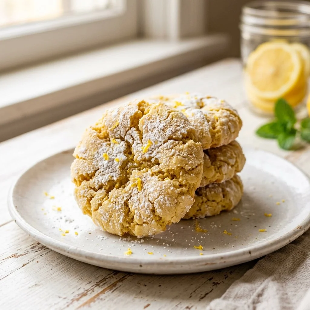 Delicious lemon crinkle cookies on a plate with powdered sugar