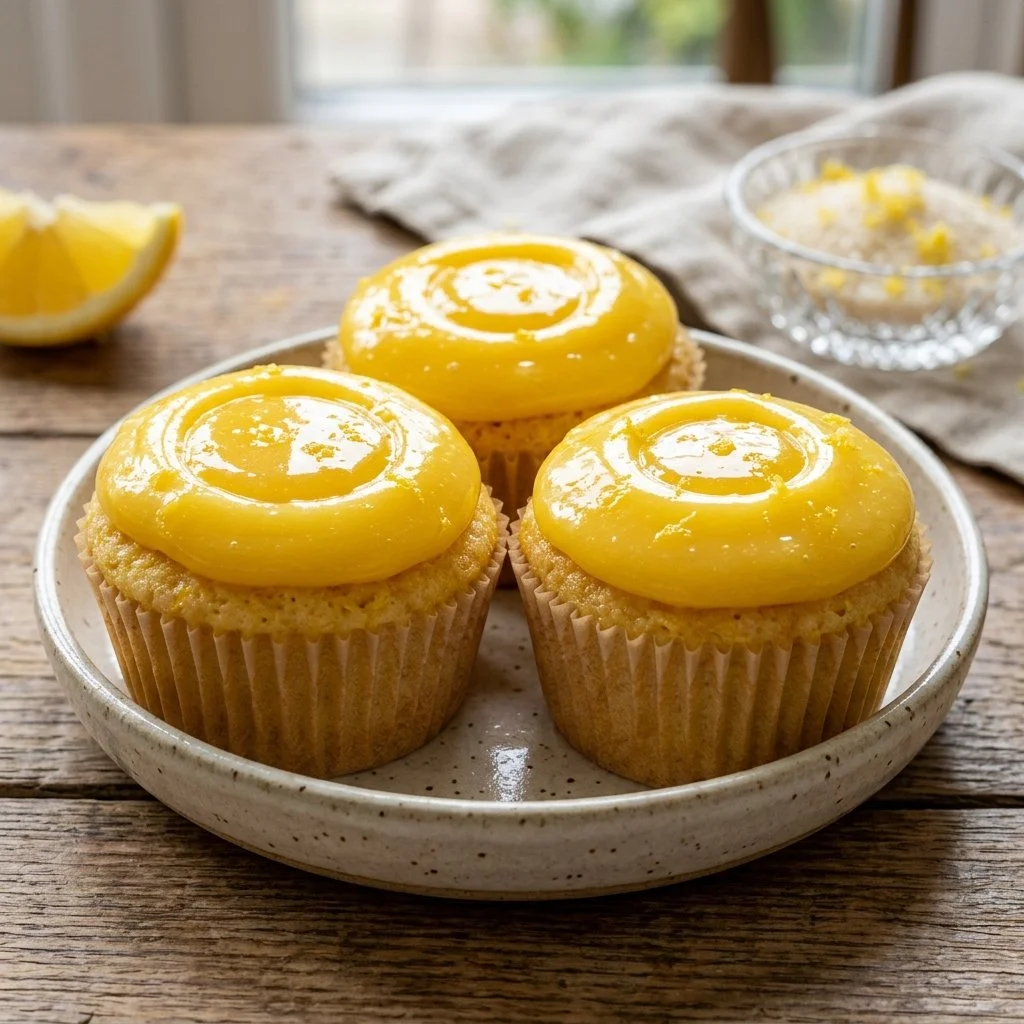 Lemon curd cupcakes topped with creamy frosting and lemon zest