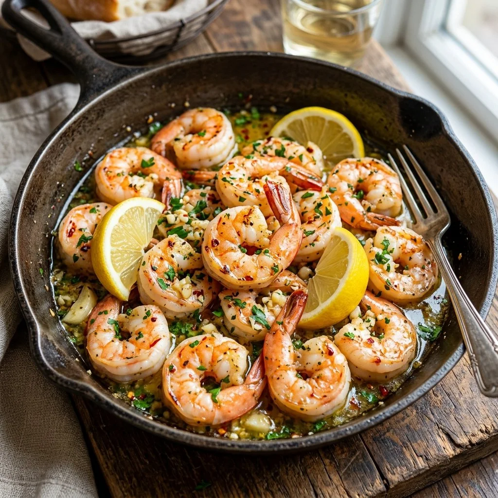 A plate of Lemon Garlic Butter Shrimp garnished with parsley, showcasing a savory seafood dish.